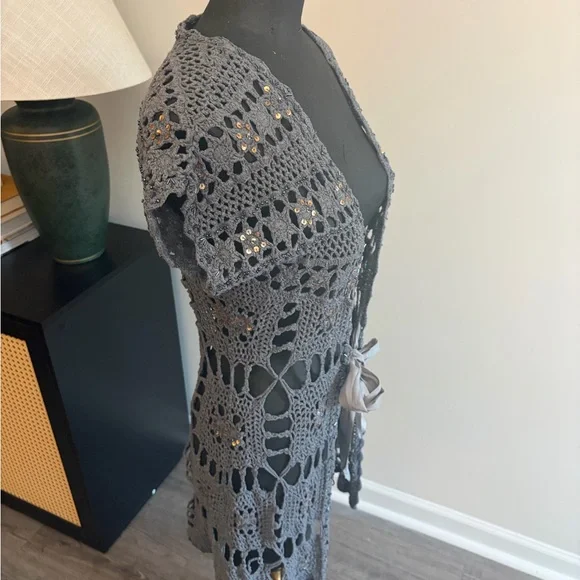 Boston Proper Blue/Gray Sequin Crochet Longline Cardigan (S) Fairy Grunge FLAWS - Picture 7 of 17